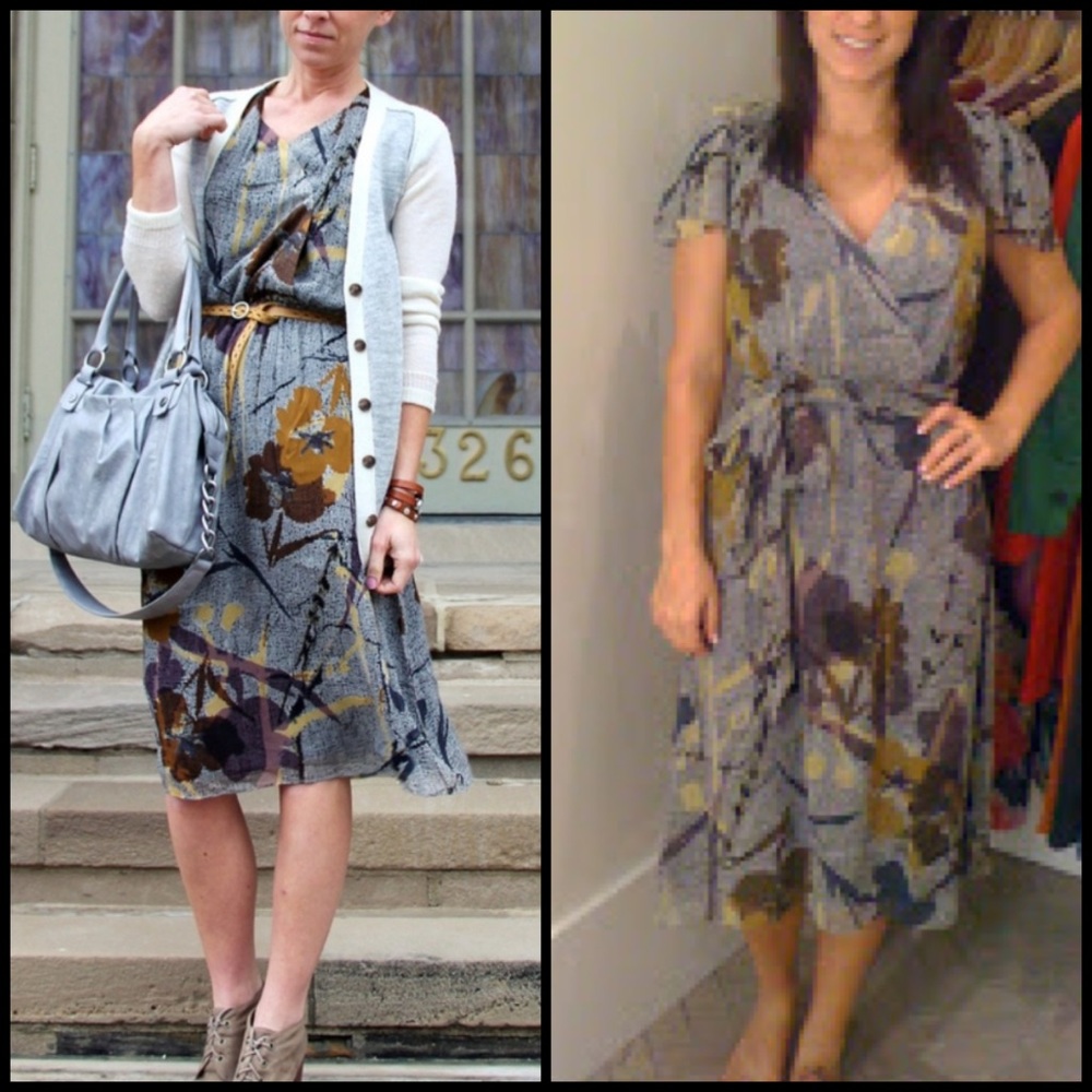 Anthro Maeve Silk Flutter Sleeve Abstract Floral Print Faux Wrap Dress